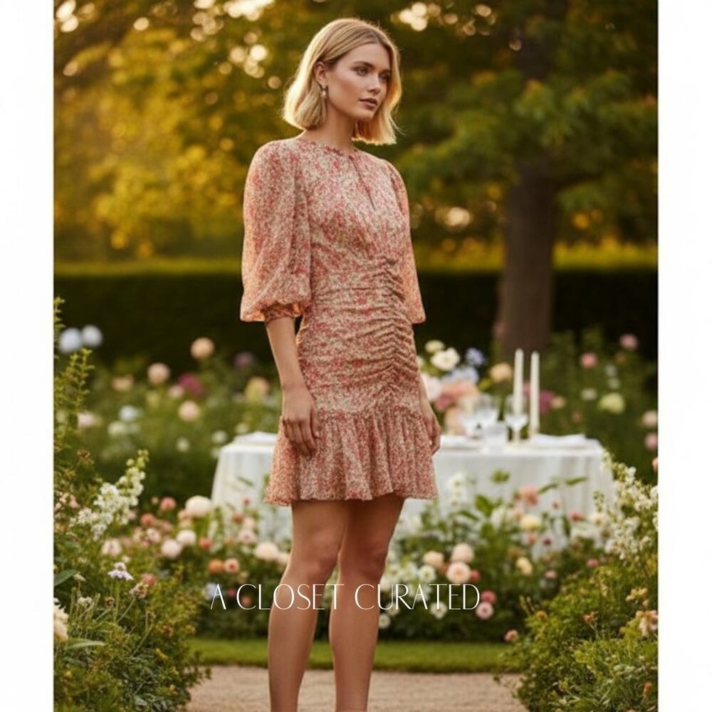 byTiMo Chiffon Ruched Mini Dress Sheer Flowers Small Orange Floral NWT